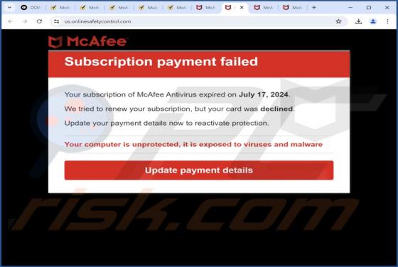 McAfee - Subscription Payment Failed POP-UP Arnaque