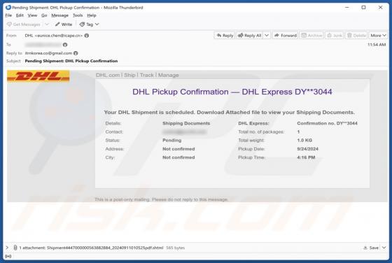 Courriel Arnaque DHL Pickup Confirmation
