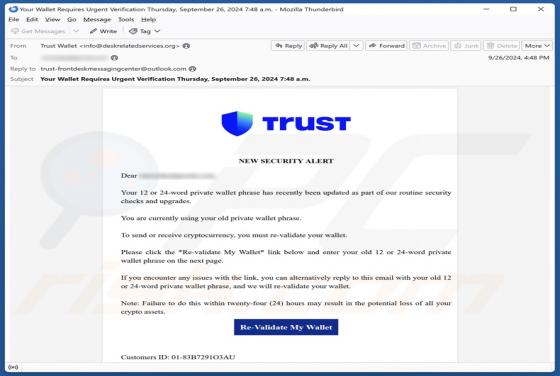 Courriel Arnaque Trust Wallet - New Security Alert