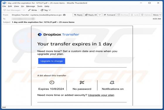 Courriel Arnaque Dropbox - Your Transfer Expires