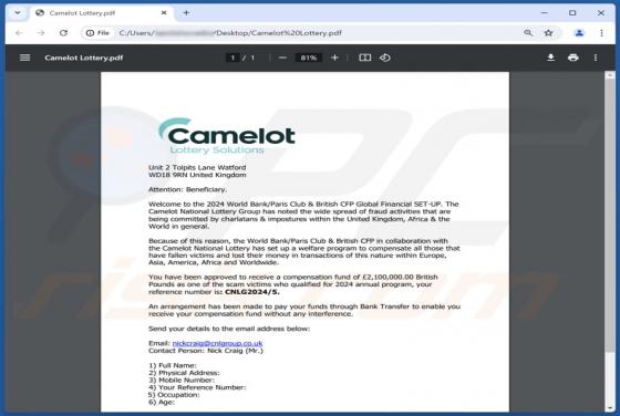 Courriel Arnaque Camelot Lottery Solutions