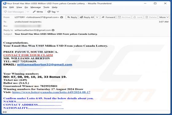 Courriel Arnaque Yahoo Canada Lottery