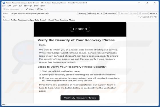 Courriel Arnaque Ledger Recovery Phrase Verification