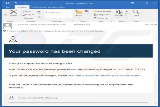 Courriel Arnaque Capital One - Your Password Has Been Changed