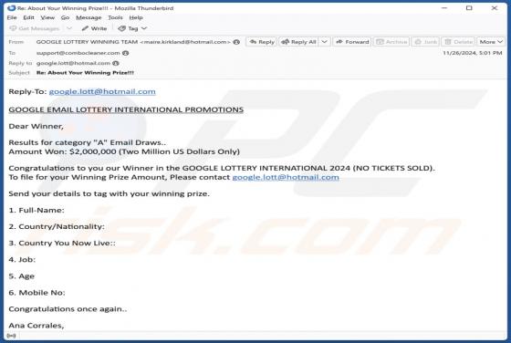 Google Email Lottery International Promotions Arnaque