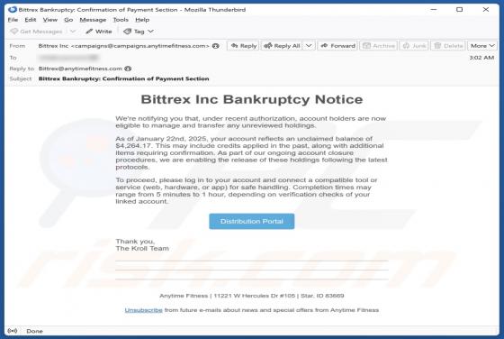 Courriel Arnaque Bittrex Inc Bankruptcy Notice