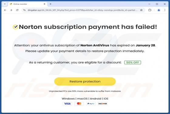 Norton Subscription Payment Has Failed POP-UP Arnaque