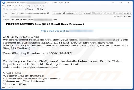 Courriel Arnaque PROTON LOTTERY