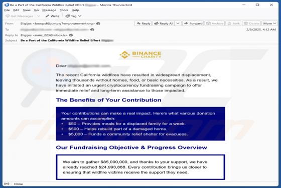 Courriel Arnaque Binance Charity - California Wildfires Fundraiser