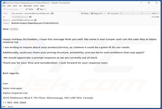 Courriel Arnaque Inquire About Your Product/Service