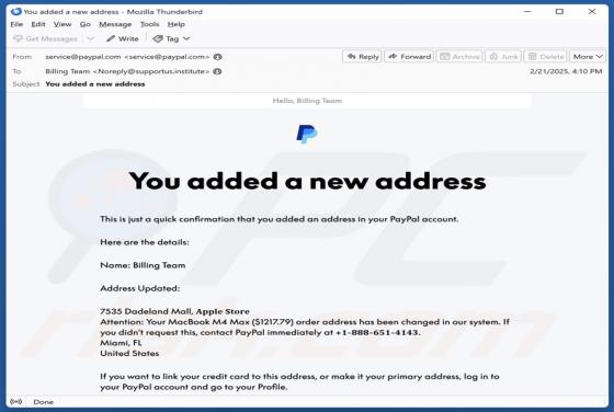 Courriel Arnaque PayPal - You Added A New Address