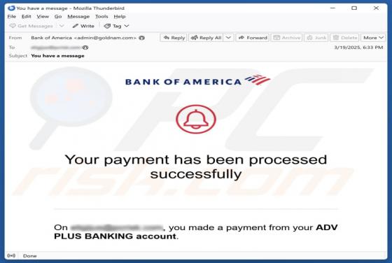 Courriel Arnaque Bank Of America - Payment Processed Successfully