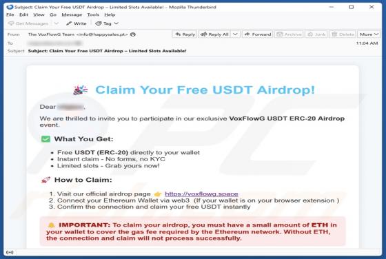 Courriel Arnaque VoxFlowG USDT Airdrop