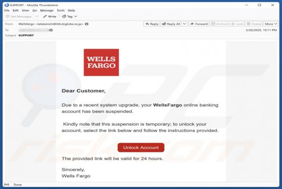 Courriel Arnaque Wells Fargo - Account Suspended