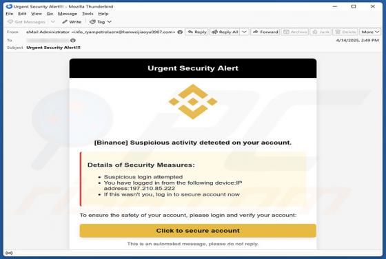 Courriel Arnaque Binance - Urgent Security Alert