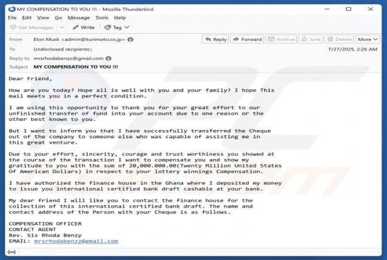 Courriel Arnaque Lottery Winnings Compensation