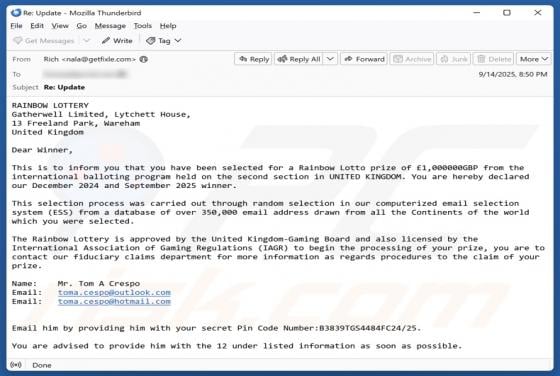 Courriel Arnaque Rainbow Lottery