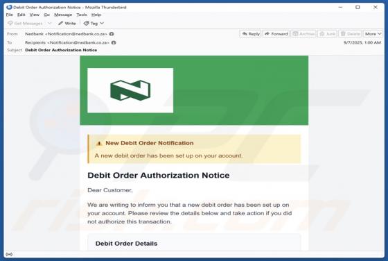 Courriel Arnaque Nedbank - New Debit Order Notification