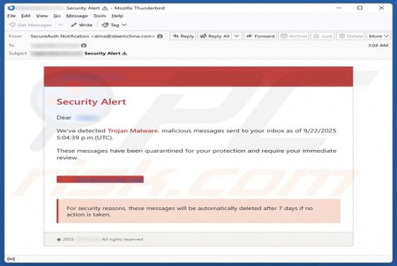 Courriel Arnaque Security Alert - We\'ve Detected Trojan Malware