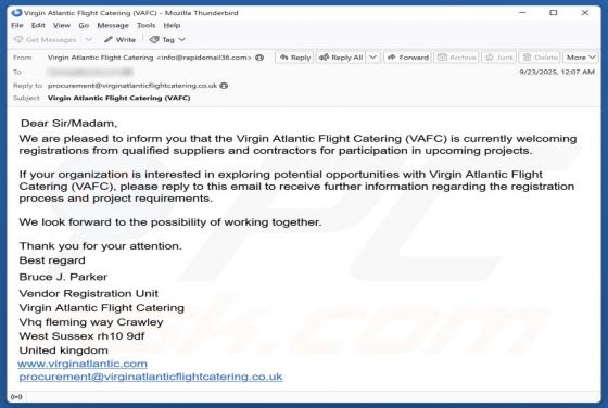 Courriel Arnaque Virgin Atlantic Flight Catering (VAFC)