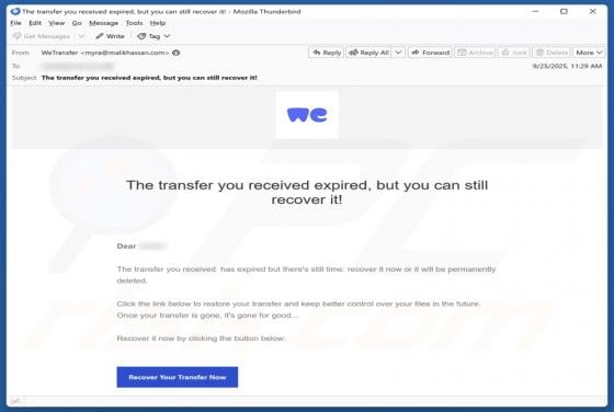 Courriel Arnaque WeTransfer - Received Transfer Expired