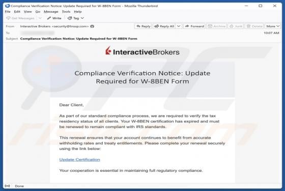 Courriel Arnaque Interactive Brokers Compliance Verification Notice
