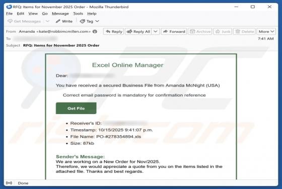 Courriel Arnaque Excel Online Manager