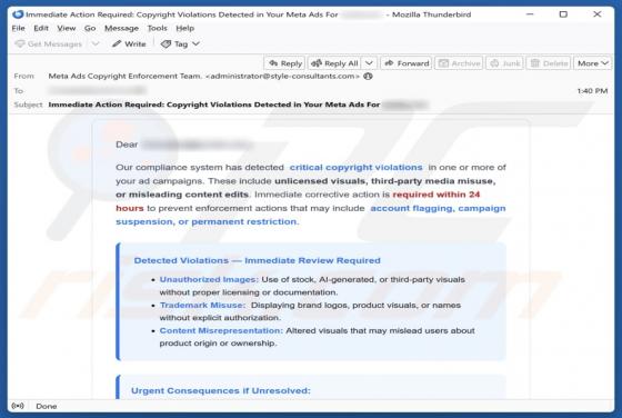 Courriel Arnaque Meta Ads Critical Copyright Violations