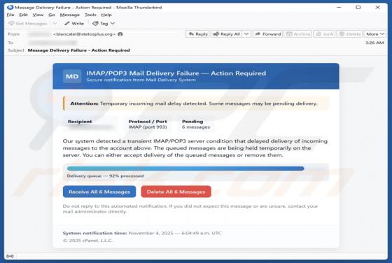 Courriel Arnaque IMAP/POP3 Mail Delivery Failure