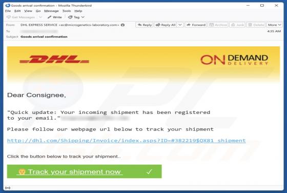 Courriel Arnaque DHL - Shipment Registered To Your Email