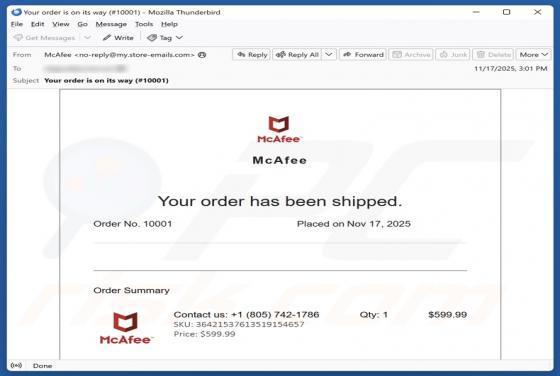 Courriel Arnaque McAfee - Your Order Has Been Shipped