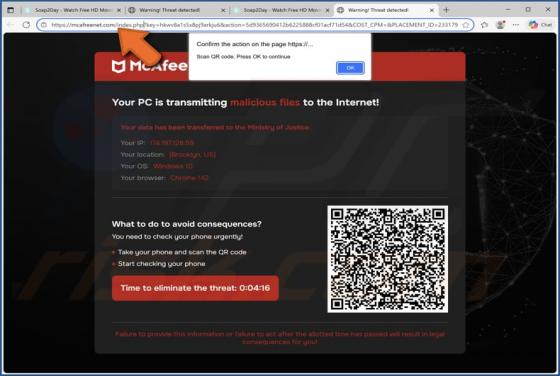 McAfee - Your PC Is Transmitting Malicious Files POP-UP Arnaque