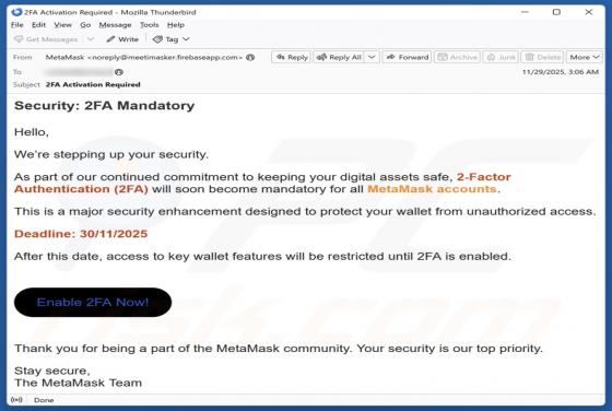 E-mail frauduleux MetaMask 2FA Activation