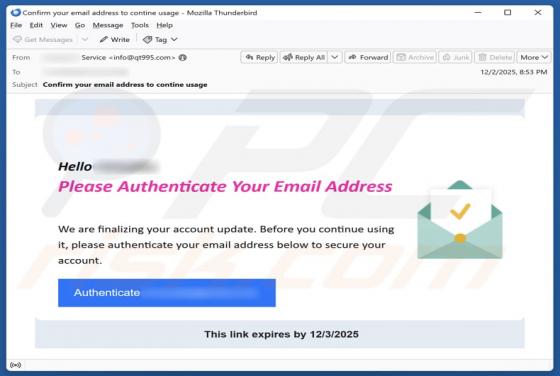 Authenticate Your Email Address Arnaque