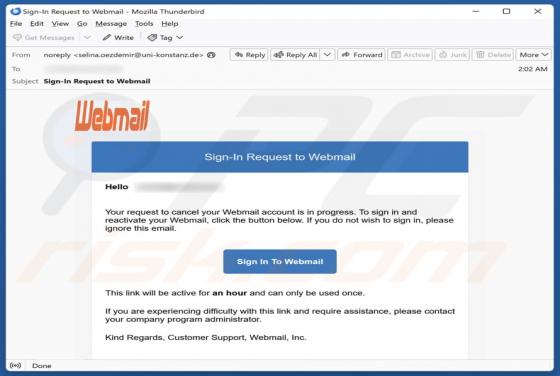 E-mail frauduleux Request To Cancel Your Webmail Account