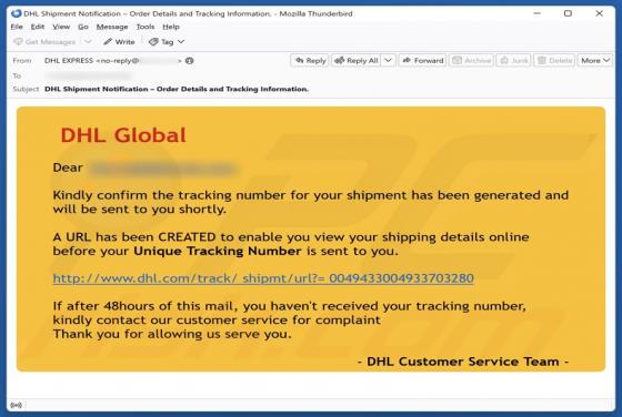 E-mail frauduleux DHL Global - Shipment Tracking Number