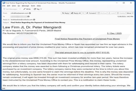 E-mail frauduleux Unclaimed Prize Money