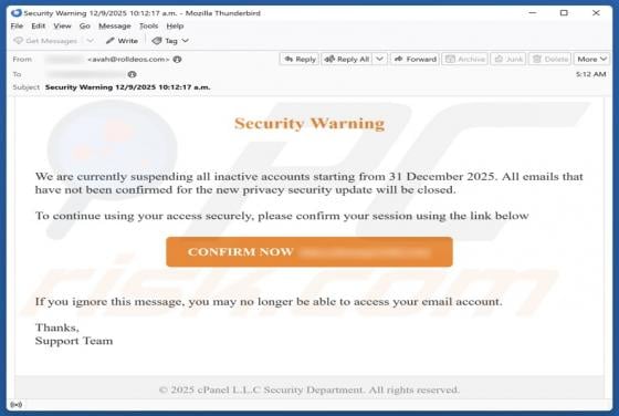 E-mail frauduleux Security Warning