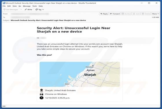 E-mail frauduleux Security Alert: Unsuccessful Login On A New Device