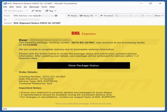 E-mail frauduleux DHL Express - Incomplete Address Information