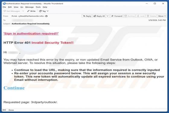 E-mail frauduleux HTTP Error 401 Invalid Security Token