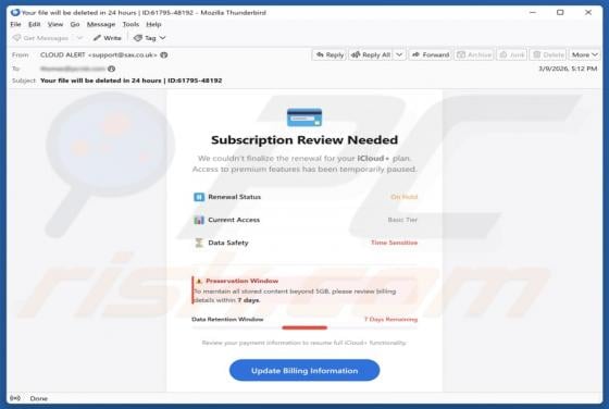 E-mail frauduleux iCloud Subscription Review Needed