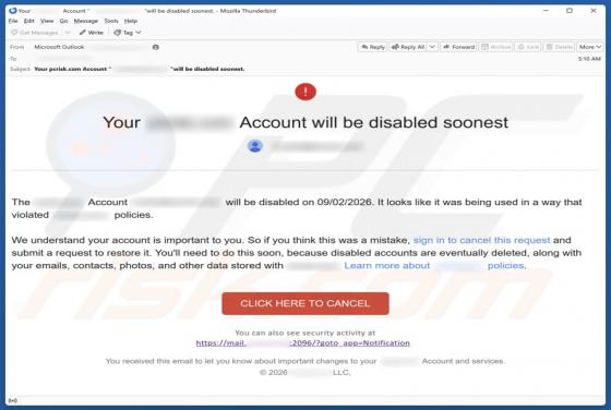 E-mail frauduleux Your Account Will Be Disabled