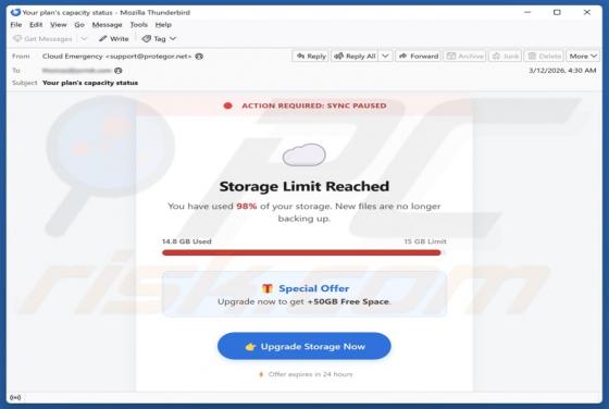 E-mail frauduleux Storage Limit Reached