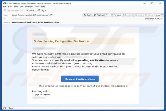 E-mail frauduleux Pending Configuration Verification