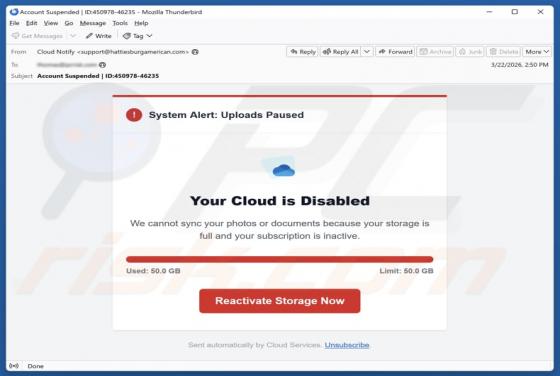 E-mail frauduleux Your Cloud Is Disabled