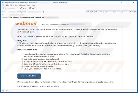Webmail - Two-Factor Authentication (2FA) arnaque par e-mail
