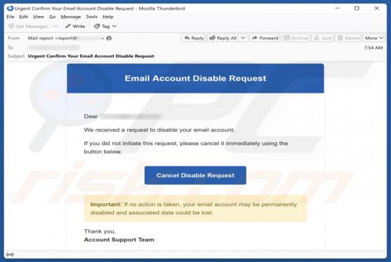 Email Account Disable Request arnaque