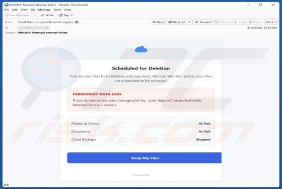 Cloud Account Scheduled For Deletion arnaque par e-mail