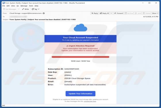 Your Cloud Account Suspended arnaque par e-mail